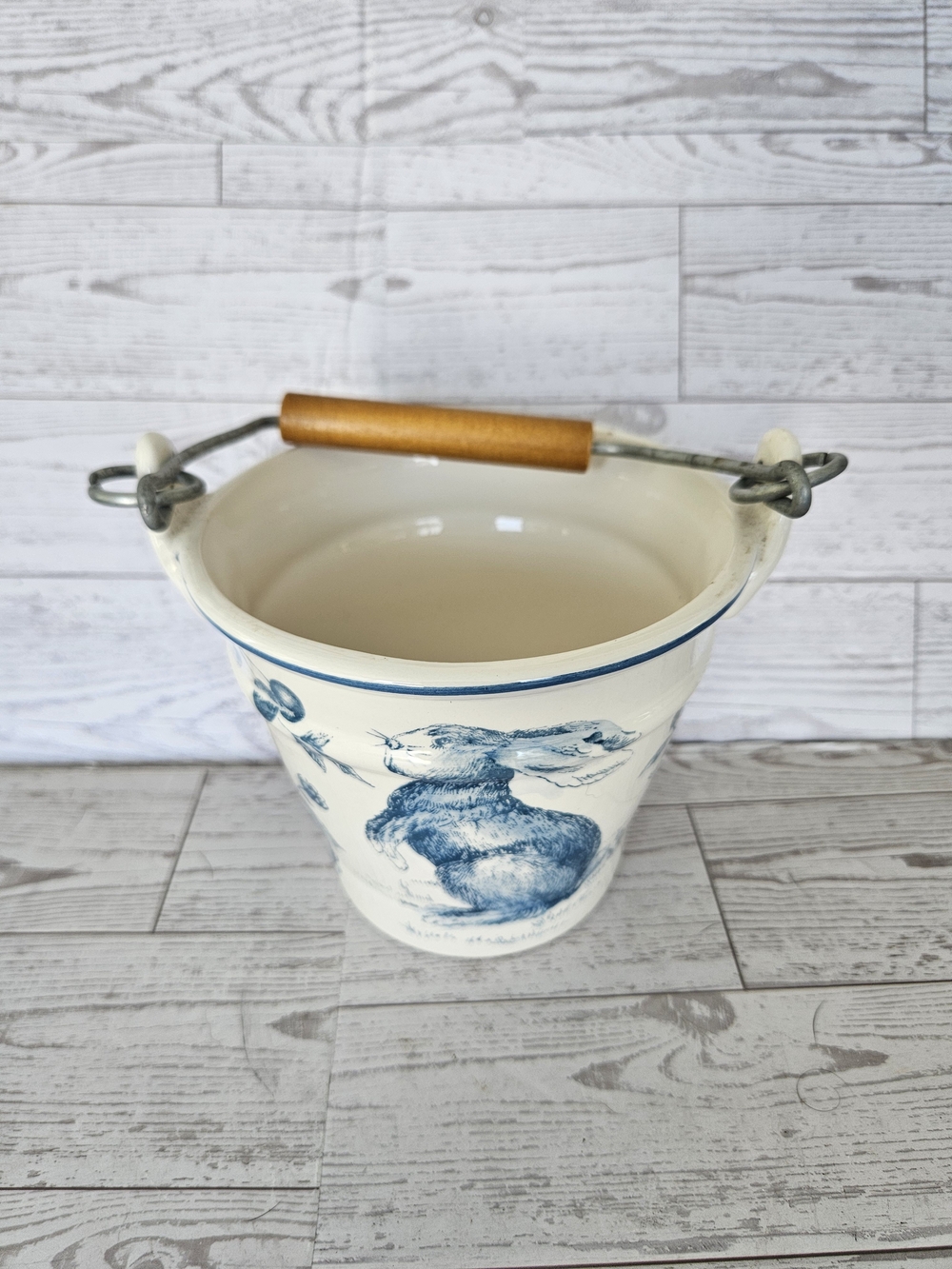 Maxcera Blue White Toile Bunny Ceramic Bucket Crock Planter Basket